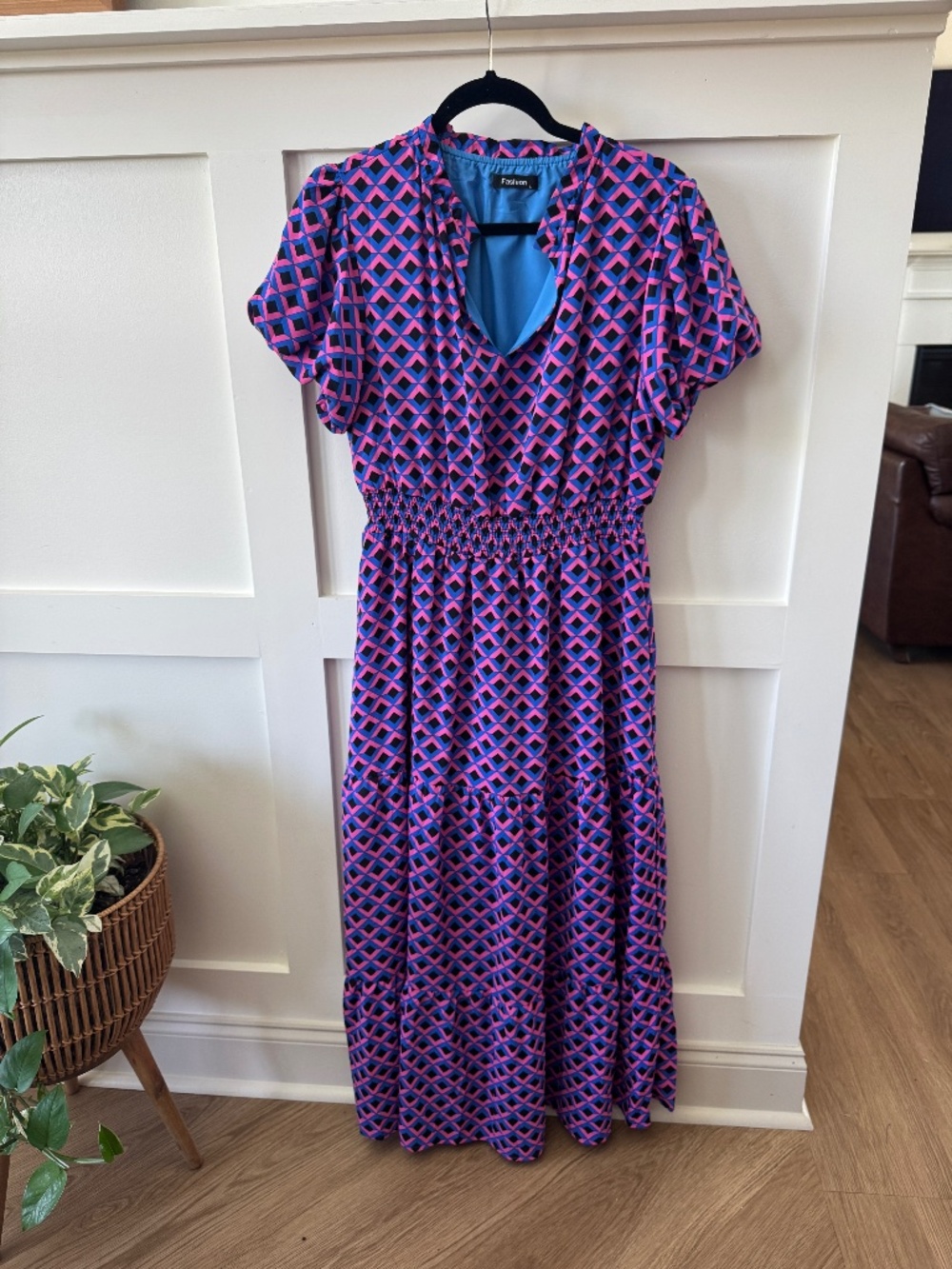 MASCOMODA Pink Blue Geometric Smocked Waist Maxi Dress Size L